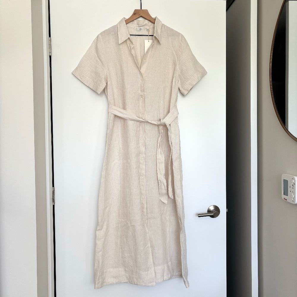 Aritzia Wilfred Eleta Linen Maxi Shirt Dress in Striped Oak/Natural Ecru